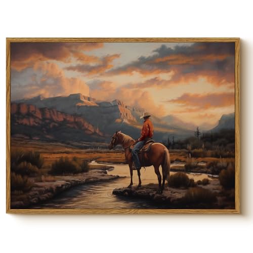 Western Cowboy Framed Canvas Wall Art 12x16 Inch, Horse...