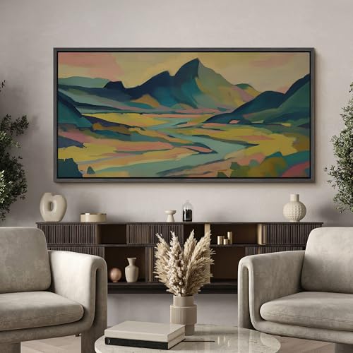 Image of MUDECOR Extra Large Framed Canvas Print Wall Art Colorful Abstract Mountain Landscape Modern Antique Retro Ready to Hang Painting for Living Room Bedroom Multi-Sizes - 60 inchx30 inch