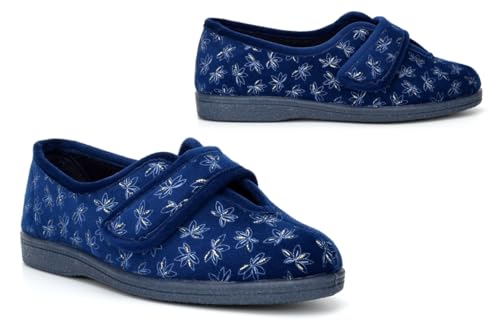 Image of Womens Wide Fit Slippers Ladies Wide Slippers Size 6 Double E Slipper Size 7 EE Slipper Touch Fastening Rubber Sole Double E Width Sizes 3-9 Navy (EE Fitting) 6 UK