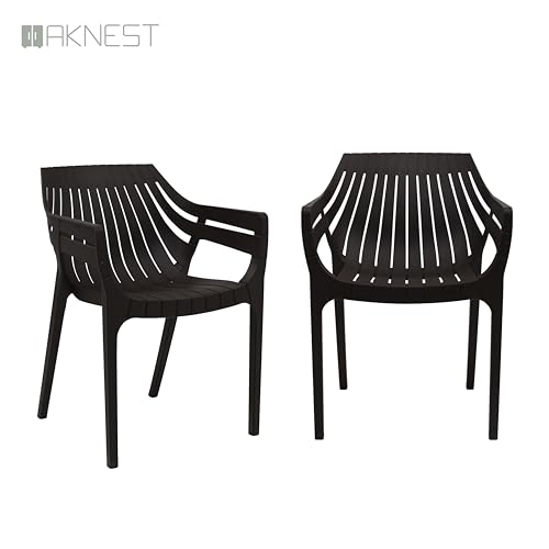 Image of OAKNEST Supreme Spectrum Plastic Arm Chair - Modern Slatted Stackable Chair for Living Room, Dining, Garden, Balcony, Restaurant & Cafe | Weatherproof Indoor Outdoor Designer Chair, Set of 2, Wenge