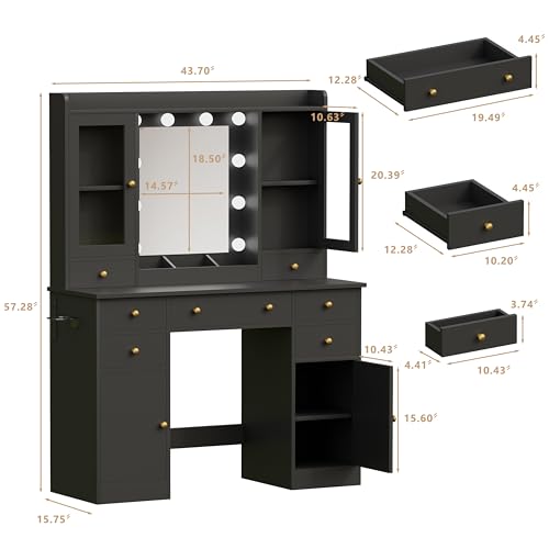 Image of HUANLEGO Black Vanity Desk with Mirror and Lights for Girls Women | Makeup Vanity Mirror with Lights, LED RGB Lights Strip, Power Outlet, 7 Drawers, 2 Storage Cabinets, 3 Color Modes Adjustable