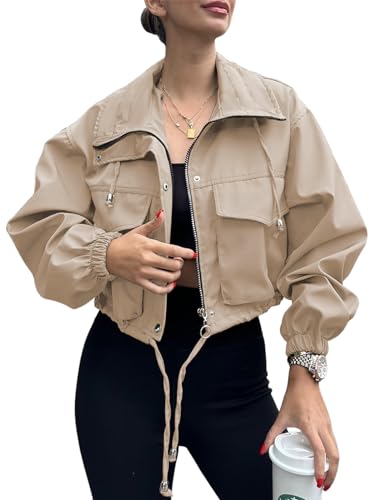 Tankaneo Womens Cropped Jacket Zip Up Lightweight Oversized Utili...