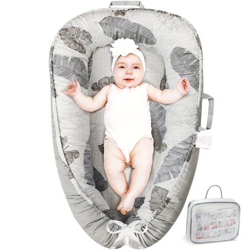 Image of Baby Lounger - Infant Lounger for Newborn 0-24 Months, Pure Cotton Breathable Baby Nest Cover, Newborn Essentials for Baby Boys&Girls, Portable Baby Bed for Home and Travel, Grey Leaf