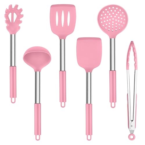 TEAMFAR Küchenhelfer Set, 6 Stück Silikon Küchenutensilien Pfannenwender mit Edelstahlgriff, Hitzebeständiger Antihaft Kochbesteck Küchenset zum Kochen, Leicht zu Reinigen & Spülmaschinenfest, Rosa