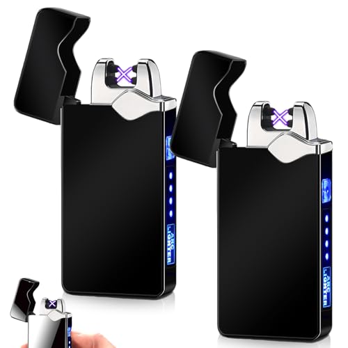 Mechero electrónico USB, 2 unidades de encendedor de arco eléctrico, con indicador de batería, resistente al viento, de plasma, con pulsador de botón