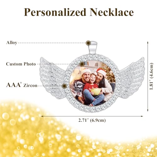 Custom Circle Chain with Wings, Memory Necklaces Picture Necklace Personalized Photo Gifts for Men Women, Customized Angel Wing Round Chain Pendant3