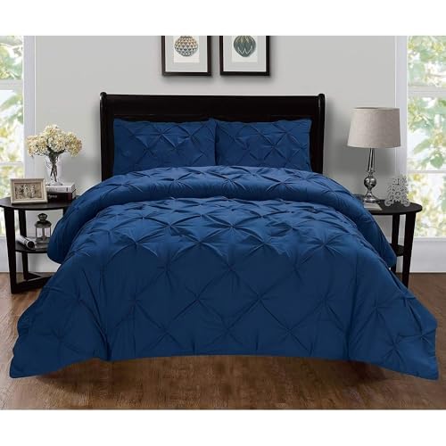 Silky Soft 3 Piece Pretty Pleated Pintuck Tufted Design Boho Duvet Cover Queen/Full - Queen Size | All Seasons Navy Blue Color Shabby Chic Bedding Aesthetic Luxury Look Stain Wrinkle Free