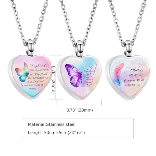 RIPFEVURN 3pcs Cremation Jewelry Heart Butterfly Urn Necklaces for Ashes for Women Stainless Steel Glass Urn Locket for Human Ashes Holder Memorial Keepsake Pendant2