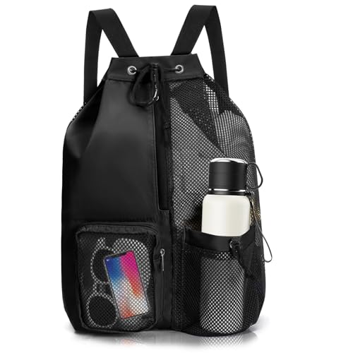 dellyy Mesh Schwimmrucksack, 48 * 29 * 15 cm Strandrucksack mit Kordelzug, Große Kapazität Wasserdicht Sport Rucksäcke, Unisex Swimming Backpack, Baderucksack, für Schwimmen, Sport, Reisen, Fitness