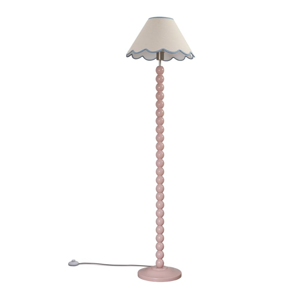 ValueLights Bobbins Painted Rose Pink Floor Lamp with Tapered Natural Linen Scallop Shade in Pale Blue