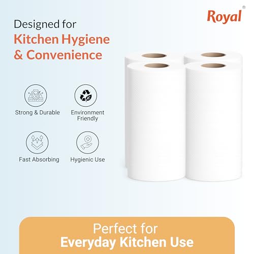 Image of Royal Silky Kitchen Tissue Rolls - 1920 Pulls | 60 Kitchen Towels X 32 Rolls| 2-Ply Soft & Strong Kitchen Paper Towel | Highly Absorbent Disposable Kitchen Tissue | 4 rolls x Pack of 8