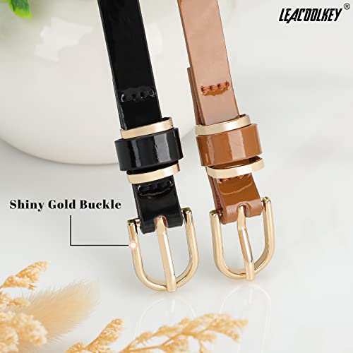 Leacoolkey Women Skinny Leather Belt For Dress Jeans Patent Leather Thin Waist Belt With Gold Buckle #TOP2