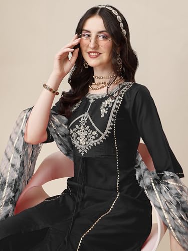 Image of EthnicJunction Women's Chinon Embroidered Straight Front Slit Kurta Palazzo & Organza Dupatta Set | Wedding | Heavy | Outfit | Suit