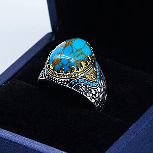 Arotorom Turquoise Ring For Men In 925 Sterling Silver Oval Sky Blue Stone Ring Turkish Handmade Jewelry (Size11) #TOP3