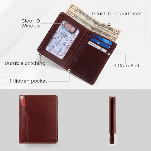 Image of Mens Leather Slim Bifold Wallet with RFID Blocking | Card Holder with Multiple Slots and Cash Pocket | Lightweight Design Men's Purse | Pocket Carry Travel Gifting & Office Use - Cherry
