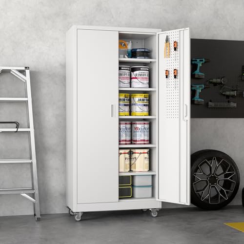 Image of White Metal Garage Storage Cabinet with Wheels and Pegboard, 71 in. | Lockable steel cabinet with dual-door pegboard, 4 hooks, 5 adjustable shelves and detachable casters; assembly required.