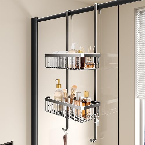 JHDXL 2-Tier Bathroom Shelf, Over The Door Organizer Storage, Hanging Door Organizer, Unit Metal Storage Rack, Ideal for Bathroom, Kitchen, Laundry, Storage, Organization(Gray,30cm/12in)