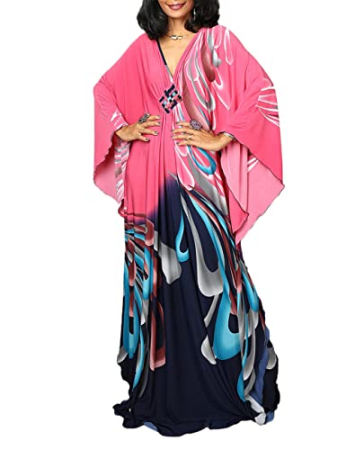 Bsubseach Women Ethnic Print Kaftan Beach Dress Plus Size Swimsuit Cover Up Blue Pink Flower