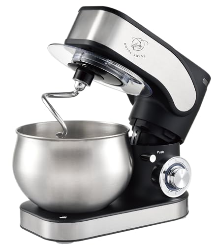 Royal Swiss Robot - Cuenco grande (5 L, 6 velocidades + función pulse, 4 patas antideslizantes, tapa del cuenco de plástico, espátula incluida