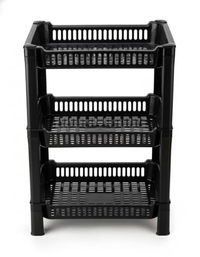 Image of U-Max Multi Tire Kitchen Storage Rack, Plastic Utility Shelf Organiser, Space Saving Storage Solution, Revolving Vegetable Rack (Black, 3)