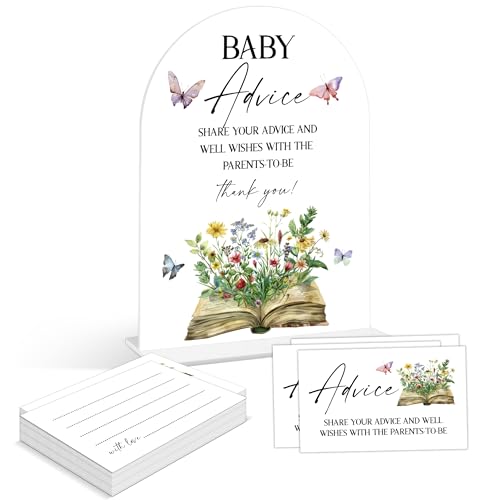 Baby Shower Games - Storybook Baby Shower Advice for Parents To Be, 1 Arch Acrylic Sign and 50 Advice Cards, Gender Reveal Game, Wildflower Butterfly Baby Shower Decoration Supplies (BN08)