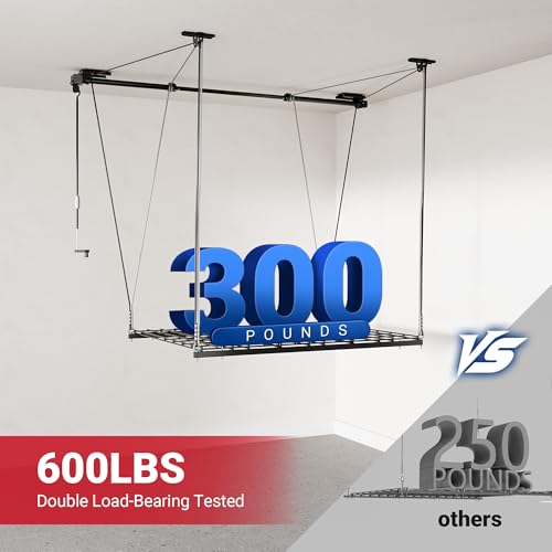 FLEXIMOUNTS Overhead Garage Storage Rack Lift, 4x4 Ft Heavy-Duty Garage Ceiling Storage Racks, Adjustable Organization System With 71'' L Axle, 300lbs Load Capacity, Flat Black