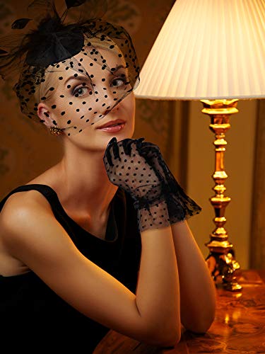 1950S Vintage Fascinator Hat Faux Feather Mesh Net Cocktail Tea Party Headwear And Women Short Lace Gloves (Black, Elegant Style) #TOP4