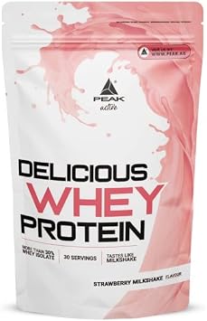 PEAK Delicious Whey Protein - 900g Flavour Strawberry Milkshake I 30 Servings I Powder I Protein Source Whey Protein Concentrate + Isolate I Without Added Sugar I with Digestive Enzyme Lactase