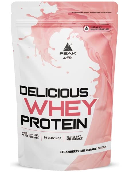 PEAK Delicious Whey Protein - 900g Geschmack Strawberry Milkshake I 30 Portionen I Pulver I Proteinquelle: Molkenprotein Konzentrat + Isolat I ohne Zuckerzusatz I mit Verdauungsenzym Laktase