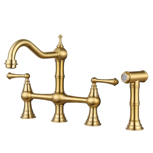 WOWOW Brass Kitchen Faucet Bridge with Side Sprayer, 4 Hole Kitchen Faucet 2 Handle 8 Inch Centerset...