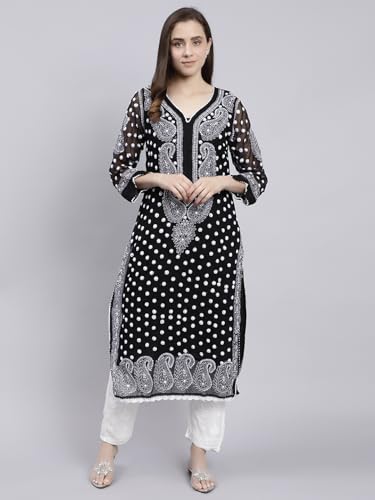 Image of Seva Chikan Hand Embroidered Lucknowi Chikankari White Viscose Georgette Trouser Palazzo for Women SCL11027