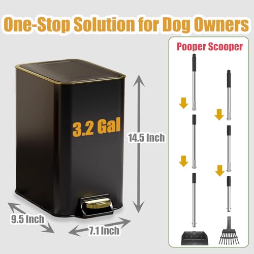 Image of Dog Poop Trash Can Outside Stainless Steel - Metal Pooper Scooper Set - 12L Dog Waste Trash Can Outdoor with Pedal - Backyard, Yard - Removable Inner Bin, Long Handle Tray and Rake - Black and Gold