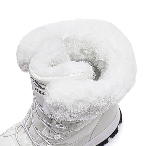 HOBIBEAR Boys Girls Winter Snow Boots Waterproof Insulated Faux Fur Lined Mid-Calf Booties (White/New,11.5 Little Kid)