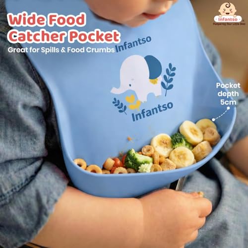 Image of Infantso Silicone Ultra Light Baby Bib for Feeding & Weaning Babies & Toddlers with Food Cather Pocket, Waterproof, Washable, Reusable, Non Messy Easy Cleaning, No Odour, Adjustable Button Neckline