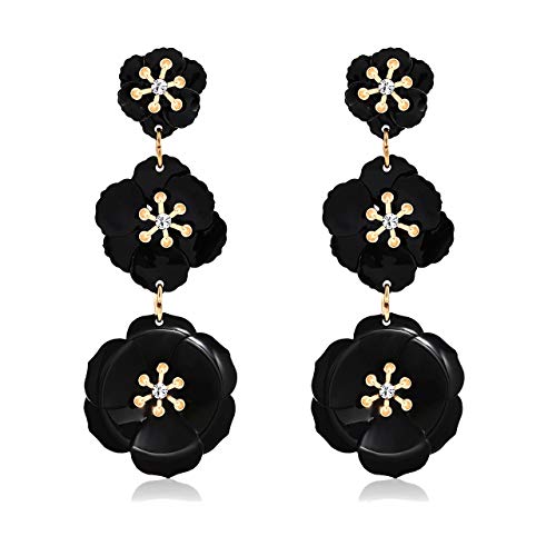 NVENF Flower Dangle Earrings Tiered Triple Floral Drop Stud Earrings Ear Drop for Parties (Black)