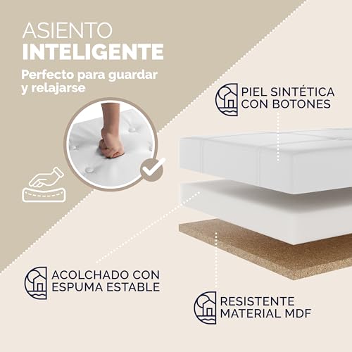 Miniatura 8 de Casaria Banco Almacenaje Baúl Capacidad 130l Carga Hasta 300kg Resistente 115x40x40cm Puff Otomana Plegable Tapizado Acolchado Salón Dormitorio Entrada Blanco