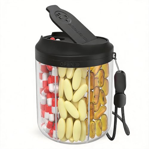 Hionxmga Pill Dispenser with 7 Large Compartments, Pill Bottle Organizer for Travel, Supplement Organizer with Anti-Mixing Design, BPA-Free Pill Container with 20 Pcs Labels, Black