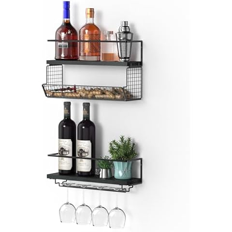 SODUKU Wall Mounted Wine Rack Set of 2 - Wine Shelf with Mesh Basket and Glass Holder, Ideal for Home Decor & Kitchen Storage,Stylish Wine Bottle Holder and Wall Shelves,Black Cover