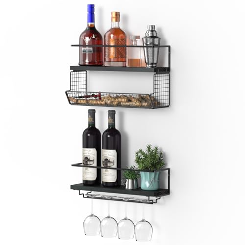 SODUKU Wall Mounted Wine Rack Set of 2 - Wine Shelf with Mesh Basket and Glass Holder, Ideal for Home Decor & Kitchen Storage,Stylish Wine Bottle Holder and Wall Shelves,Black
