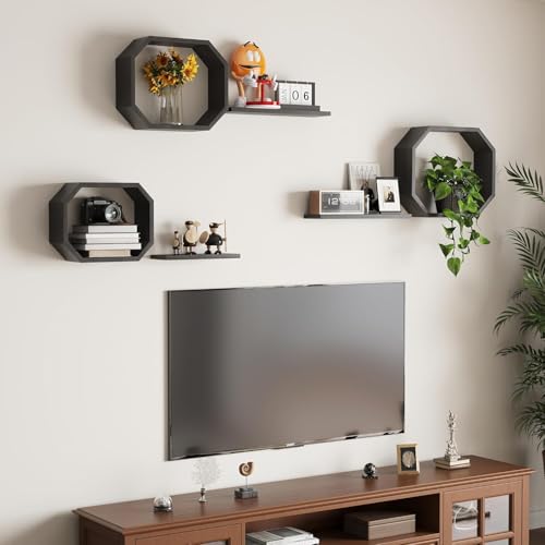 Image of Wall Mounted Floating Shelves Set of 6, Multipurpose Display, Book, Storage & Decor Shelves, Octagon Shape Wooden Wall Shelf for Living Room, Bedroom, Kitchen (Black)
