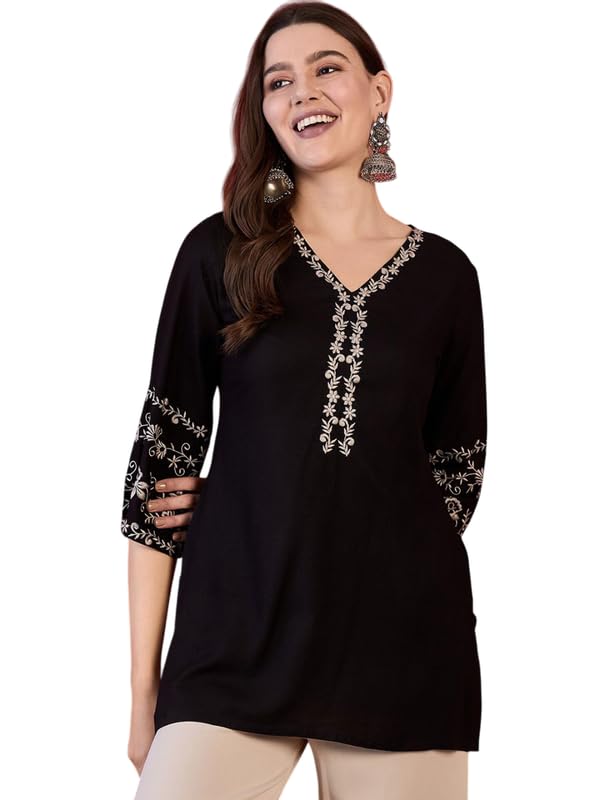 Image of Women's Ethnic Printed Rayon Short Kurta | Stylish Round Neck V-Slit Straight Kurti | Comfortable, Office & Casual Kurta for Jeans, Leggings & Trousers