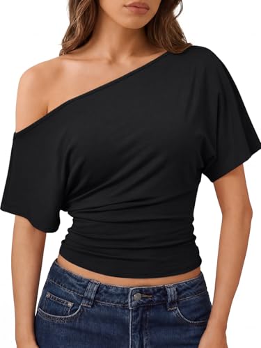 Trendy Queen Off the Shoulder Tops for Women 2026 Trendy Summer Going Out Asymmetrical Crop Top Short Sleeve Shirts Womens Blouses Wrap Work Casual Cute Spring T Shirts Y2k Clothes Black M