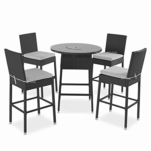 Image of OUTLIVING Rattan Wicker Outdoor Bar Patio Table with 4 Cushion Chairs Set for Home Graden Balcony 4 Seater Bar Patio Furniture -(Black)