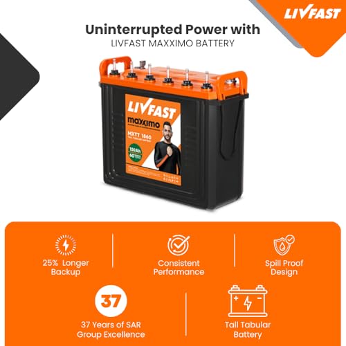 Image of Livfast Maxximo Tall Tubular High-Performance Battery MXTT 1860N | 150 Ah | 60 Months Warranty | Durable Backup Power for Home and Office, Long-Lasting Backup