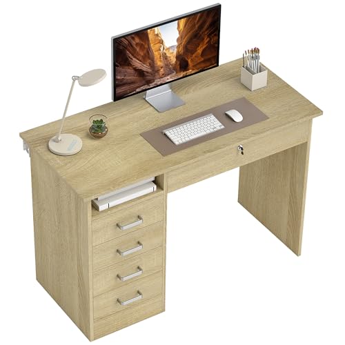 HOMCOM Mesa de ordenador mesa de ordenador moderna con 5 cajones, tablero grande, 1 compartimento abierto, cajón con cerradura, 110 x 50 x 76 cm, roble