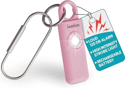 Ivation Personal Rechargeable SOS Alarm, Pocket Size Loud 130dB Sound Safety Siren & LED Panic Strobe Light with Carabiner Keychain Clip for Women, Children & Seniors, Pink