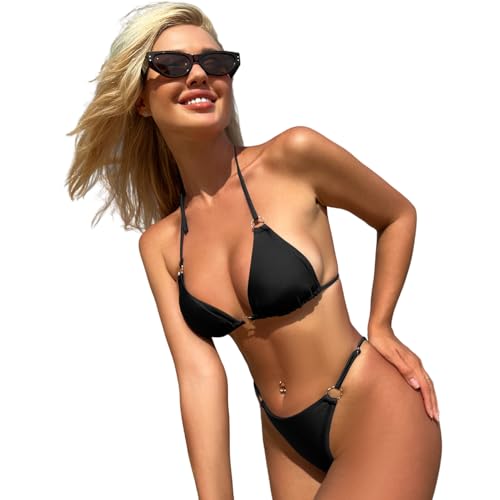 Image of MIKETAI Sexy Bikinis for Women 2 Piece Bikini Spaghetti Strap Swimsuits Solid Color Bathing Swimwear Triangle Bathing Suit