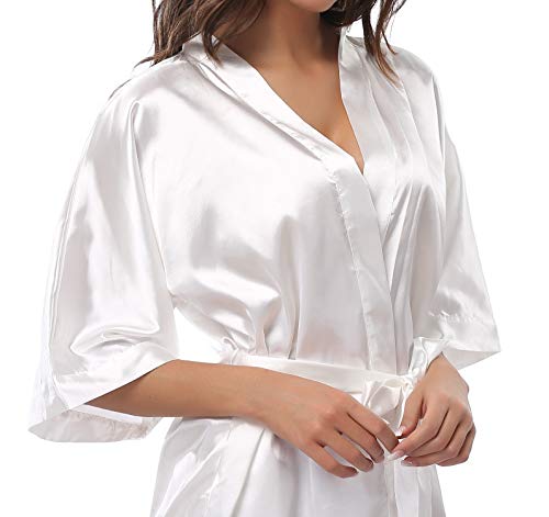 Feelia Women's Pure Kimono Robe Short Satin Bathrobe Bridesmaid Bride Sleepwear White - Thumbnail 3