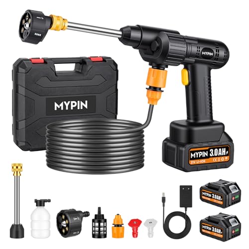MYPIN Hidrolimpiadora de Alta Presión Portátil a Batería, 600 PSI, 21V, 2 Baterías Recargables, Boquilla 6 en 1 con Modo Chorro para Limpieza de Coches, Suelos, Paredes y Vallas