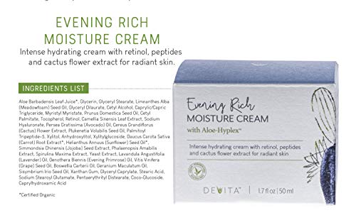 Devita Evening Rich Moisture Cream With Aloehyplex - 100% Vegan Age Defying Night Cream For Face To Improve Look Of Fine Lines, Wrinkles, Pores For Normal Or Dry Skin -1.7Oz #TOP3